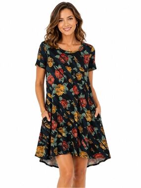 LuLaRoe Black Red Mustard Floral Mini Dress Hi Low Hem Small Swing Casual